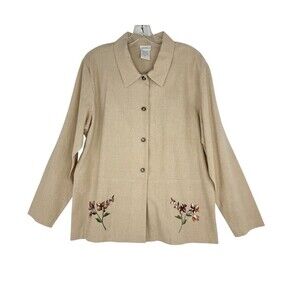 Blair Boutique Women’s Beige Long Sleeve Button Down Floral Blouse Blazer Size M
